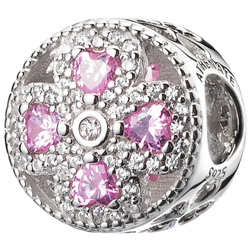 925 Sterling Silver Pink Crystals &amp; Clear CZ Crystalized Four-Leaf Clover Charm  - £52.76 GBP