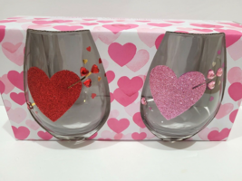 Valentine&#39;s Day Glitter Rhinestones Pink Red Hearts Stemless Wine Glasses - £23.76 GBP