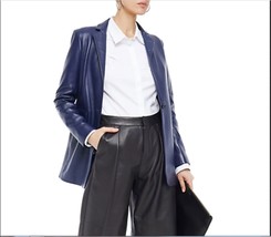 Blue Blazer Stylish Formal Real Lambskin Women Leather Party Handmade Designer - £94.70 GBP