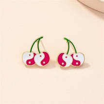 Red &amp; White Enamel Yin Yang Cherry Stud Earrings - £10.19 GBP