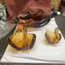 Lot of 3 Italy Hand Blown Art Glass Amber Swan Dishes - £35.83 GBP