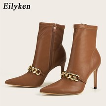 New Zipper Short Ankle Boots Women Pointed Toe Metal Chain Decoration Thin High  - £47.83 GBP
