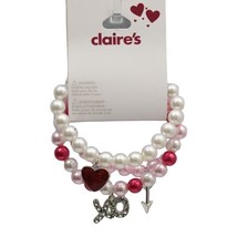 Claires Valentine Stretch Bracelet Set of 3 Faux Pearls Charms Heart Arrow XO - £8.00 GBP