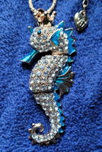 New Betsey Johnson Necklace Seahorse Blueish Tealish Rhinestones Beach Ocean - $14.99