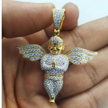 14K Yellow Gold Plated Silver 2.4Ct Moissanite Men&#39;s Baby Angel Wings Pendant - $280.48