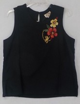 Peppermint Bay Womens Sleeveless Top Sz M Black Beaded Stitched Hibiscus Monkey - £7.89 GBP