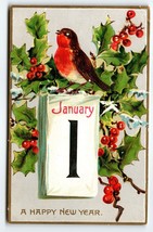 New Year Postcard Tuck Song Bird Sings Holly Leaves Jan 1 Series 145 Antique - $13.50