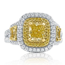 GIA Certified 2.18Ct Light Yellow Cushion Diamond Engagement Ring 18k White Gold - £4,776.60 GBP