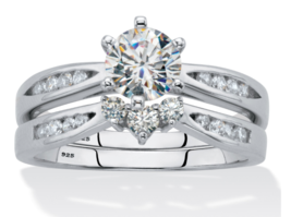 Round Cz Accents Bridal 2 Ring Set Band Platinum Sterling Silver 6 7 8 9 10 - £95.91 GBP