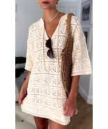 Women&#39;s Beige Crochet Cover Up 100% Cotton Beachy Short Sleeve Size S/M ... - $24.98