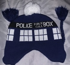 Doctor Who Police Box Public Call Tardis Pompom Hat Winter Beanie Braids - £5.38 GBP