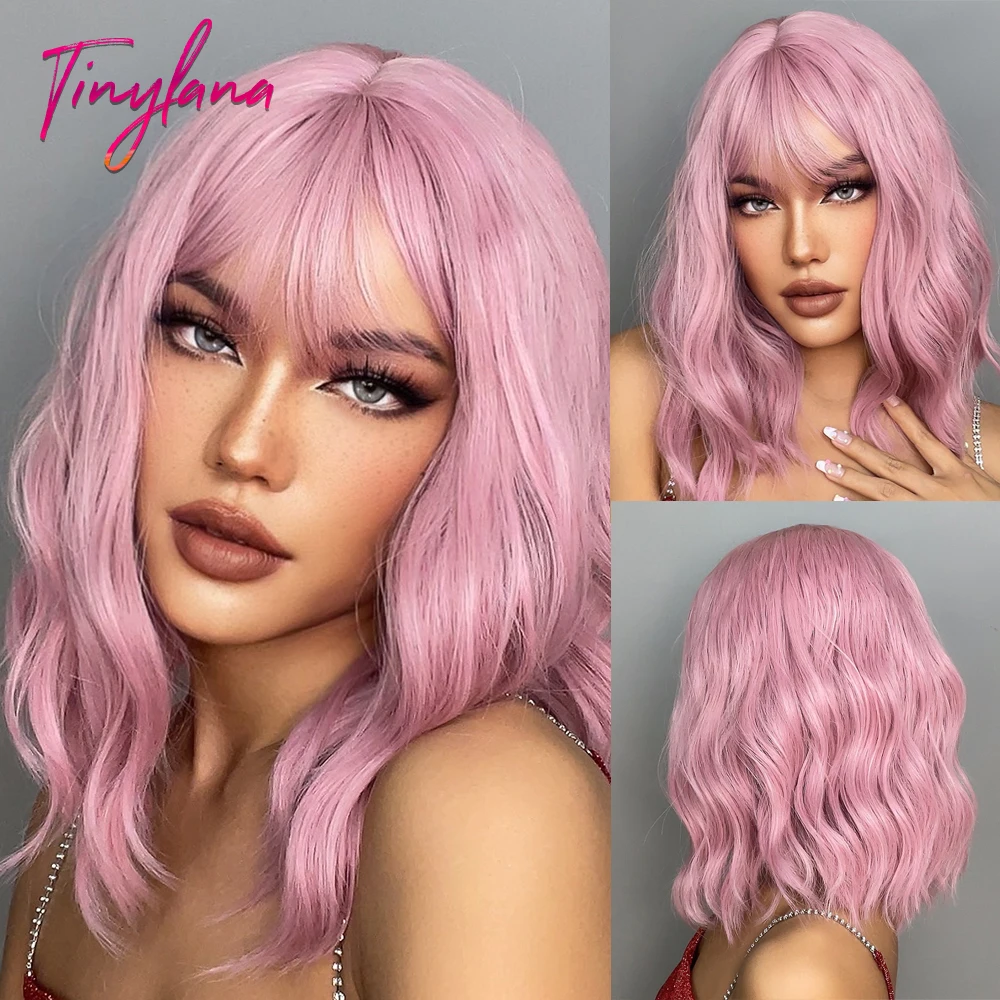 Light Pink Short Wavy Synthetic Hair Wigs with Bangs Cosplay Natural Should - £9.96 GBP+