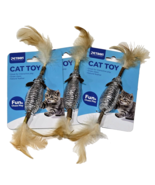 3 Pack Petdom Cat Toys Silver Feather String Stick Mouse Fun Chase Play 5in - $35.54 CAD