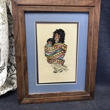 Vtg Framed Native American Mother Child Needlepoint Western Decor Double Matted - £19.46 GBP