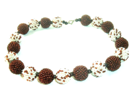 Vintage Seed Bead Necklace Brown White Round bead balls Handmade boho - £15.55 GBP