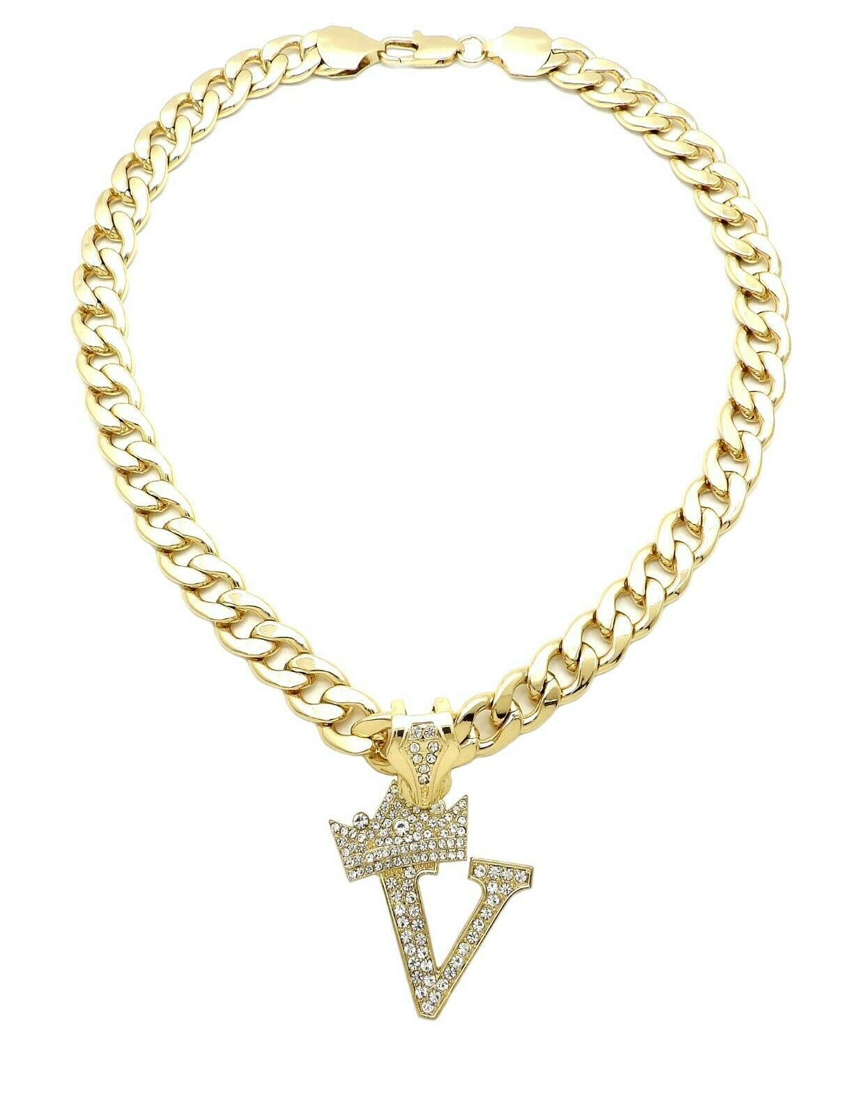 Primary image for King & Queen Initial Letter V Crystals Pendant Gold-tone Cuban Chain Necklace