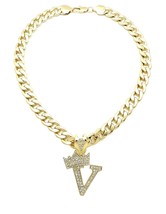 King &amp; Queen Initial Letter V Crystals Pendant Gold-tone Cuban Chain Necklace - £19.66 GBP
