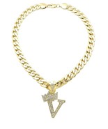 King &amp; Queen Initial Letter V Crystals Pendant Gold-tone Cuban Chain Nec... - $34.28 CAD