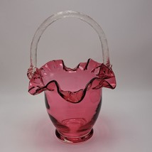 Fenton Ruffled Glass Cranberry Pink Basket Clear Applied Handle - £101.21 GBP