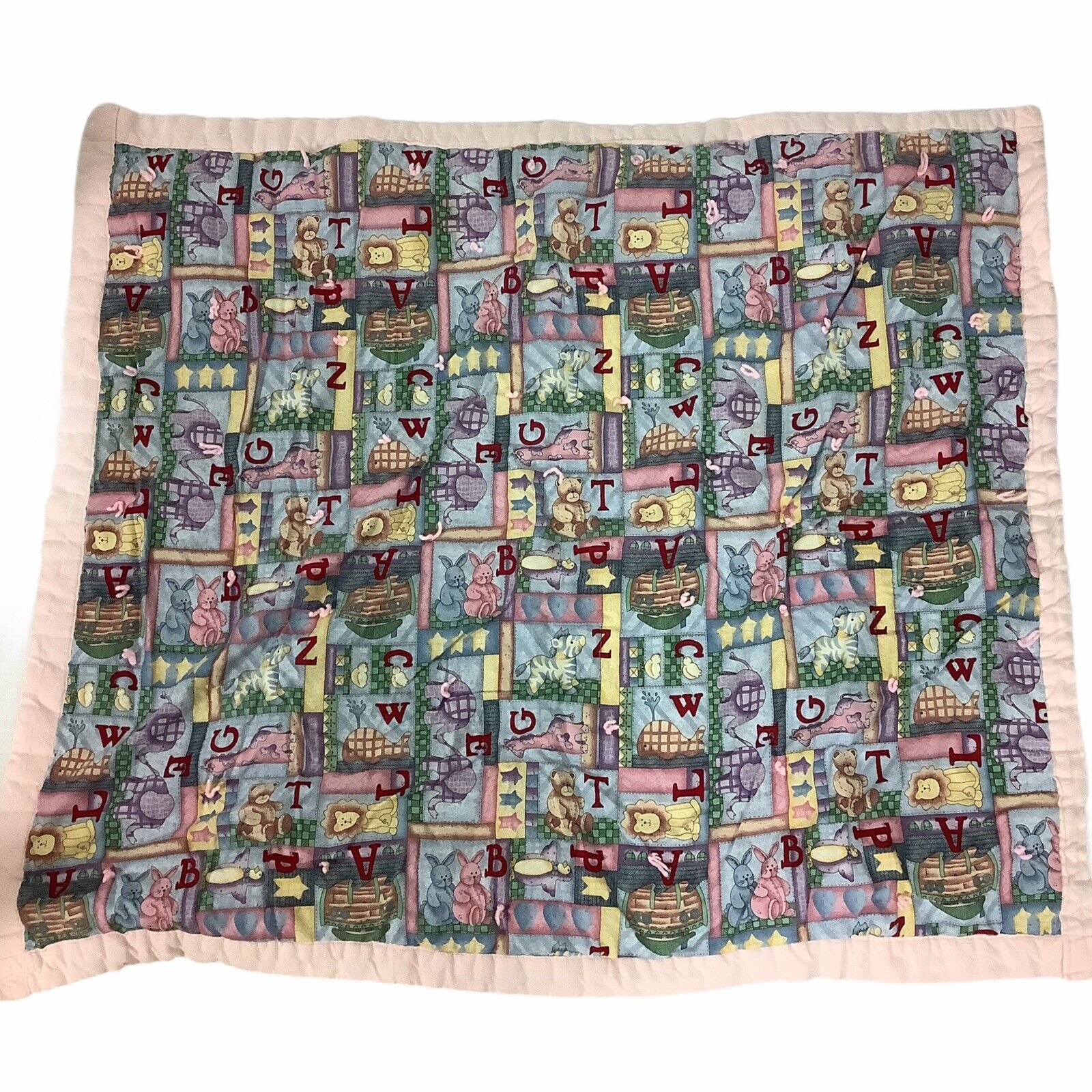 Primary image for Handmade Baby Blanket Quilt 36" x 42" Animals Alphabet Pink Edge Bunny Zebra