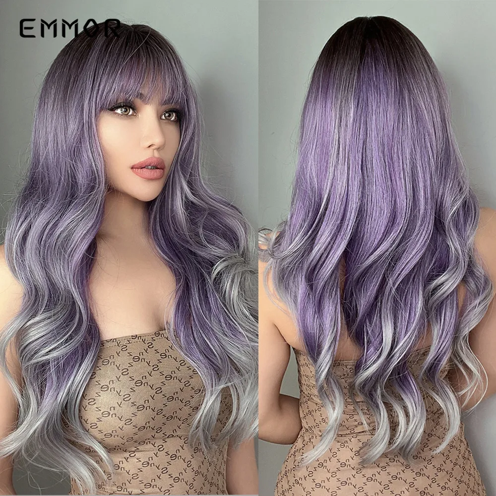 Emmor Synthetic Ombre Purple to Silver Wigs Natural Blond Wavy Hair Wig f - £16.70 GBP+