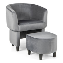 Upholstered Velvet Barrel Chair w/ Ottoman Wood Frame Non-slip Felt Pads Gray - £176.39 GBP