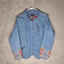 Denim &amp; Co Womens Embroidered Denim Jacket 1X Floral Cuffs &amp; Collar Vintage - $57.88