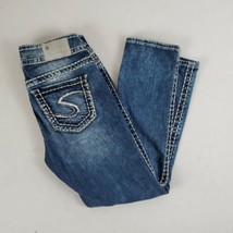 Silver Suki Mid Rise Capri Jeans Stretch Blue Denim 25X24 Thick Stitch Rivets - £19.15 GBP