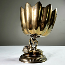 Vintage Hollywood Regency MCM Brass Bowl Pedestal Chalice Swans Large So... - $199.99