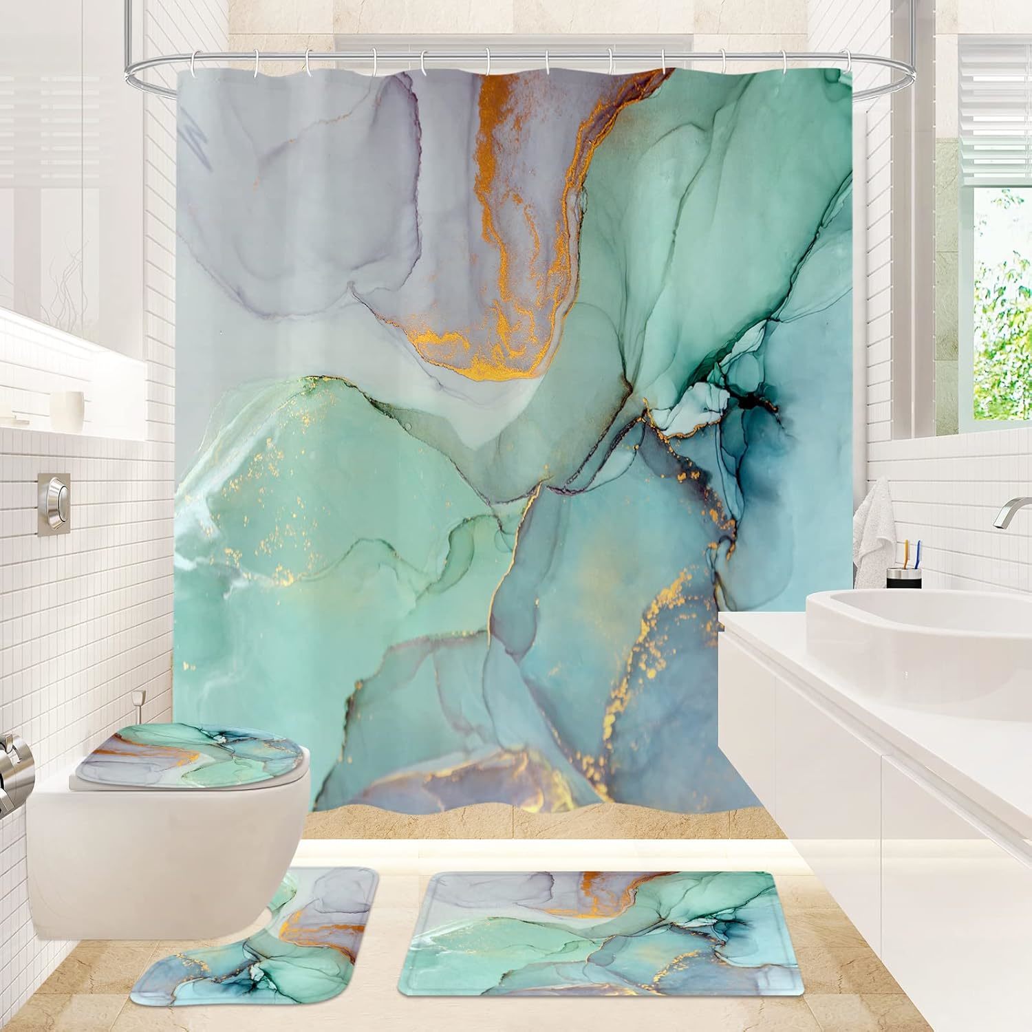 Gibelle 4 Pcs Shower Curtain Set With Non-Slip Rugs Toilet Lid Cover And... - $41.54