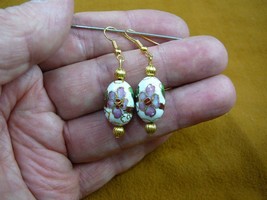 (EE603-6) 12x18mm White w/ pink flower CLOISONNE oval bead gold dangle EARRINGS - £18.25 GBP