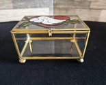 Stained Glass Brass Jewelry Box With Red Heart And Birds Pigeons - Vintage - $29.02