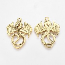 Dragon Pendant Antique Gold Tone Dragon Charm Medieval Fairy Tale 2 sided - $4.46