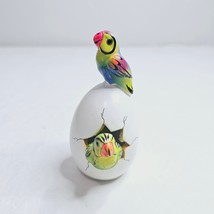 Tonala Pottery Hatched Egg Double Parrots Blue Yellow Hand Painted Signed 208 - £11.61 GBP