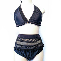 Black Large High Waist Halter Retro Pom Pom Mesh Hollow Out String Swimsuit  - £12.94 GBP