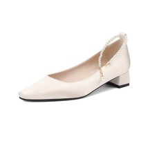 Elegant Woman Low Heels Nude Silk Pointed Toe Pumps Lady Satin Pearl Chain Shall - £43.83 GBP