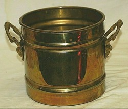 Brass Bucket Planter Lion Head Ribbed Handles Metal Window Shelf Decor - $29.69