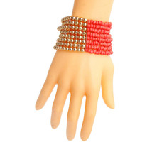 Coral and Gold Seed Bead Bracelet - $337.77 MXN
