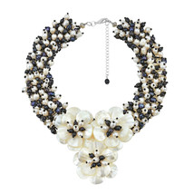 Midnight Floral Mother of Pearl and Pearl Daisy Necklace - £65.38 GBP