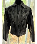 Shaf VTG Moto Womens Sz Medium Fringe Rose Braid Zip Lining Leather Jack... - $168.16 CAD