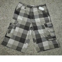 Boys Shorts Cargo Emachine Brown Plaid Flat Front Adjustable Waist Relaxed-sz 16 - £11.67 GBP