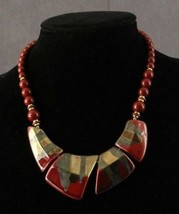 Vintage Rust Red Art Pottery Ceramic &amp; Plastic Beaded Necklace Metallic Accents - £14.26 GBP