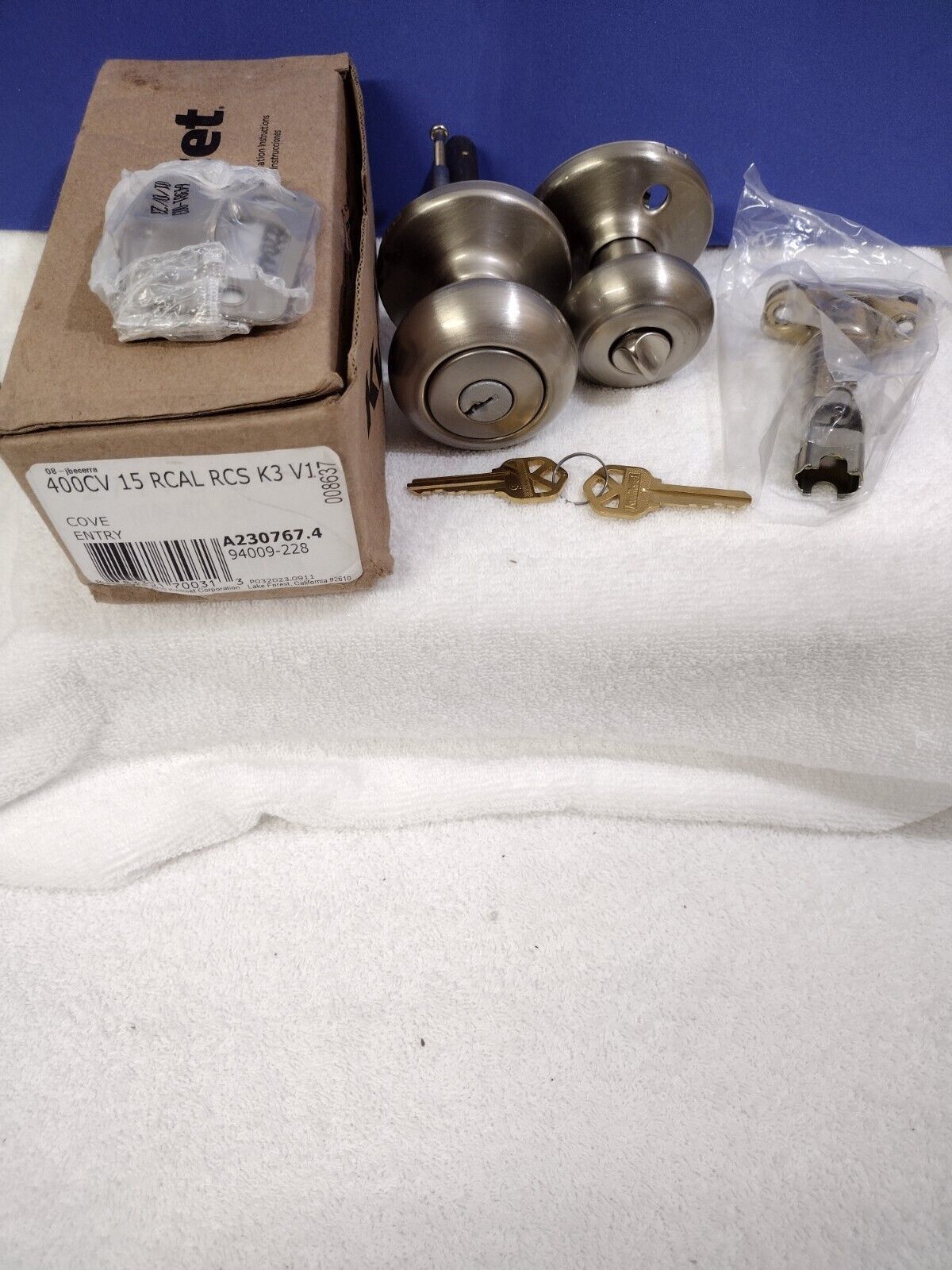 Cove/ Entry Satin Nickel Door Knob / Kwikset 400CV 15 RCAL RC5 K3 V1