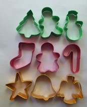 Vintage Set of 9 Cookie Cutters Aluminium Gold Green and Red 3.5&quot; - £14.56 GBP