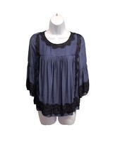 Paper Crane Top Womens  Small Blue Popover Blouse Lace Trimmed Bell Sleeve - $22.77
