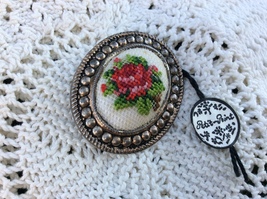 Victorian Petit Point Red Rose Needle Work Brooch  - £15.85 GBP