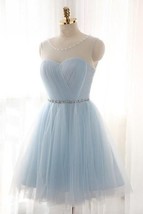 Scoop Neck Tulle Light Blue Homecoming Dresses with Crystals Belt Sleeve... - $99.90