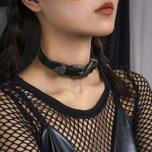 Black Polyurethane &amp; Silver-Plated Buckle Choker Necklace - £12.53 GBP
