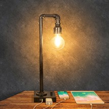 Industrial Table Lamp Vintage Bedside Lamp With 2 Usb Port And Ac Outlet Dimmabl - £55.66 GBP