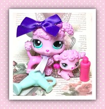 Authentic Littlest Pet Shop LPS #3599 #3600 Mommy &amp; Baby Poodle Dog Pink Bows - $20.27